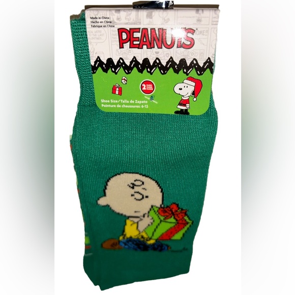 Peanuts Charlie Brown Snoopy Woodstock Crew Socks 1Pair Men 6-12 Green Christmas - Picture 11 of 11